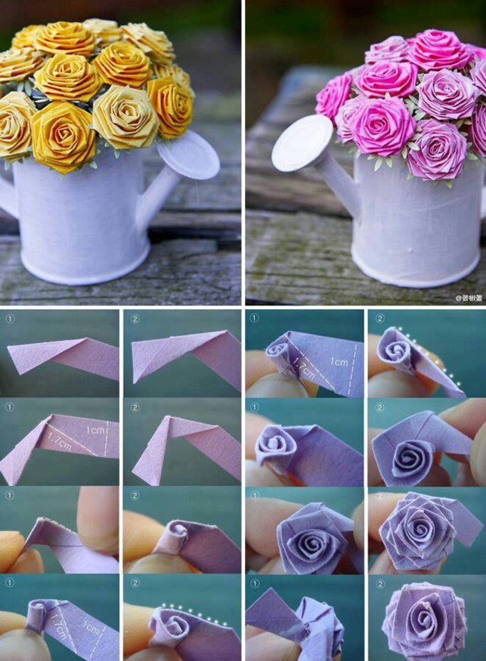 tuto origami facile pour créer un modèle d'origami rose féerique, une déco de table féerique et romantique en bouquet de roses en papier 