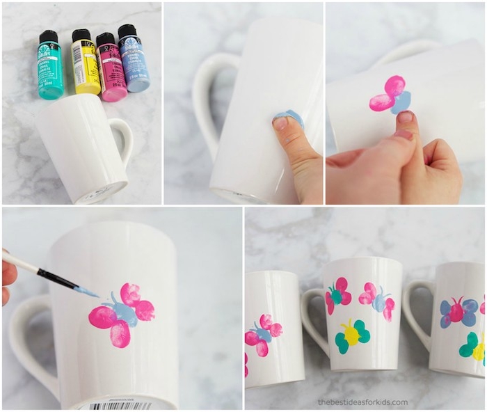 mug personnalisé blanc à empreintes de doigts colorés en forme de papillon, idée de cadeau fête des mères à fabriquer soi meme