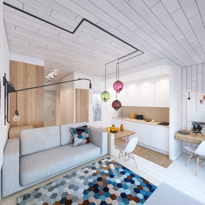 décoration appartement étudiant ultra moderne avec éclairage de style industriel aux tuyaux apparents et boules colorées