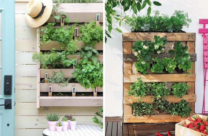 exemple de potager terrasse vertical, déco de jardin avec contenants de bois et terreau spécial pour légumes et herbes