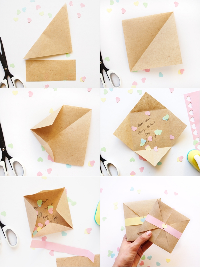 une carte de voeux confettis couleurs pastel en origami facile, activité manuelle fete des meres facile et originale