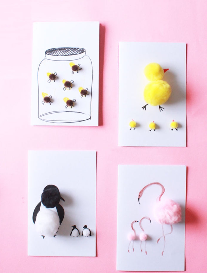 carte fête des mères maternelle avec des pompons pour réaliser des animaux sur bout de papier blanc