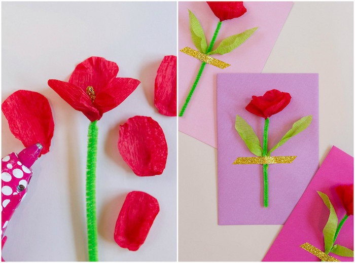exemple pour réaliser une carte fête des mères maternelle en fleur de papier crépon et une tige cure pipe verte sur un bout de papier