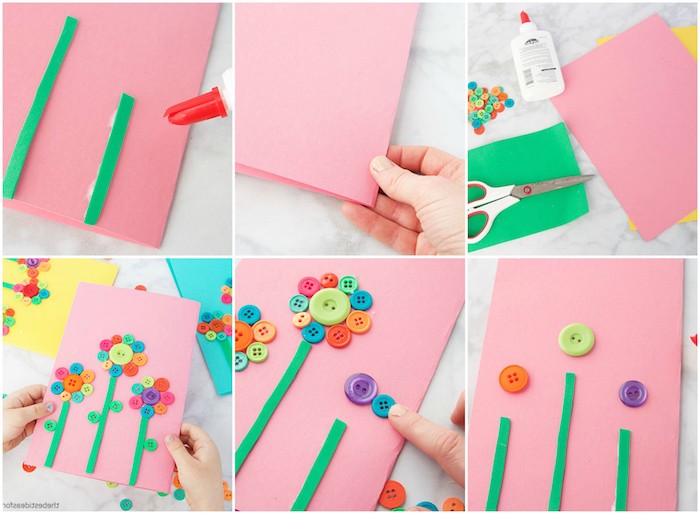 carte fête des mères maternelle en fleurs en boutons colorés sur un papier rose et tiges vertes en feutrine