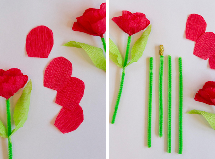 tutoriel pour réaliser une carte fête des mères à fabriquer, fleurs en papier crépon avec des tiges en cure pipe verte