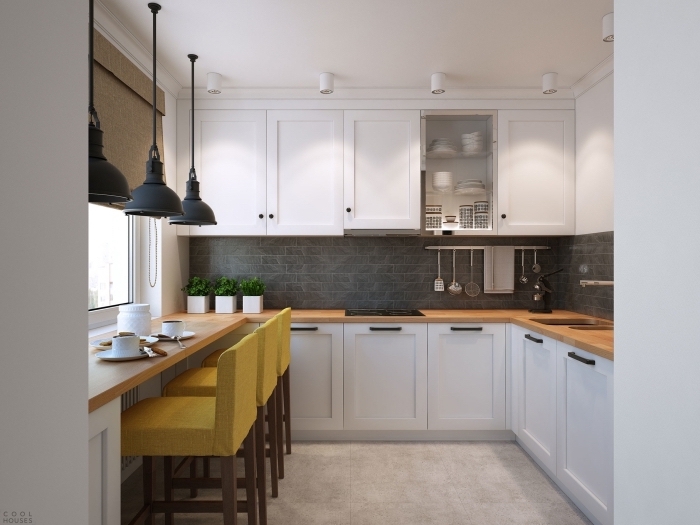 comment combiner les styles dans une déco moderne de la cuisine, aménagement cuisine d'angle avec meubles blancs et crédence en gris anthracite