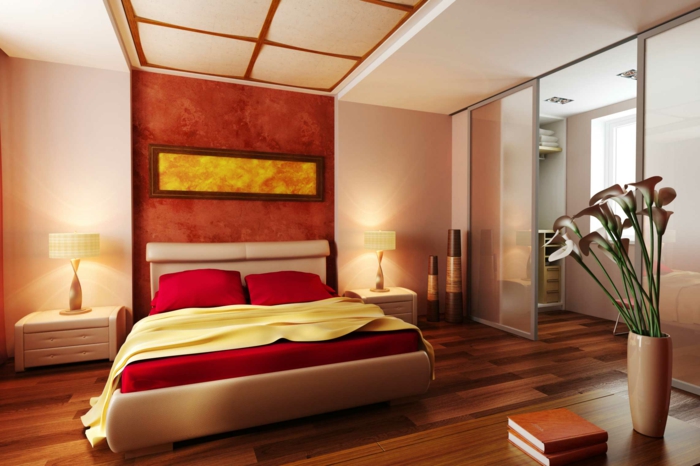 lit plateforme beige, décoration de chambre simple mais stylé en style zen
