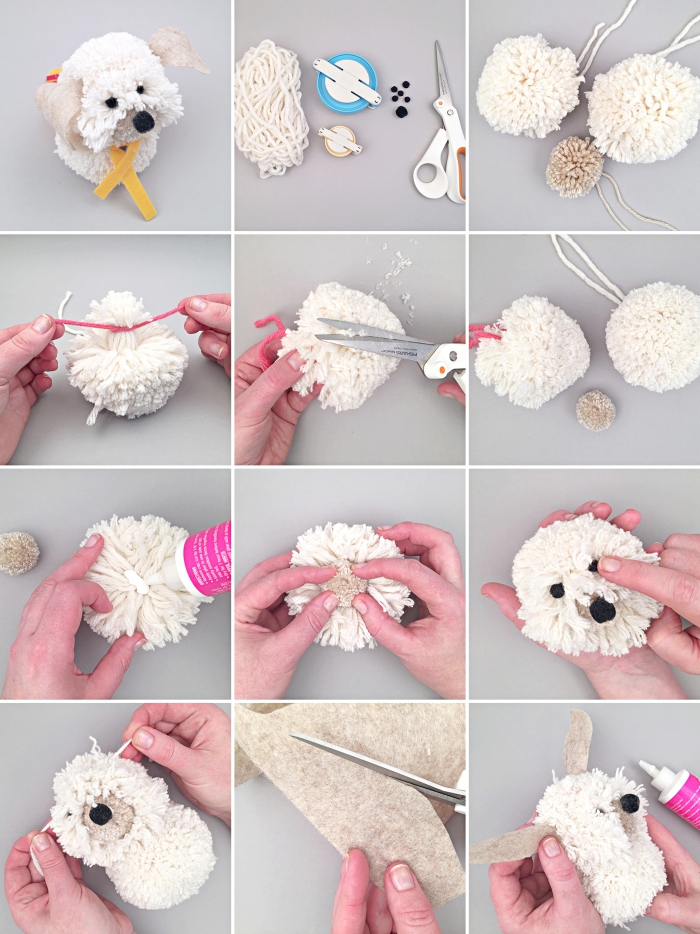 étapes à suivre pour faire une figurine animale doudou à design chien blanc, comment faire un pompon avec appareil