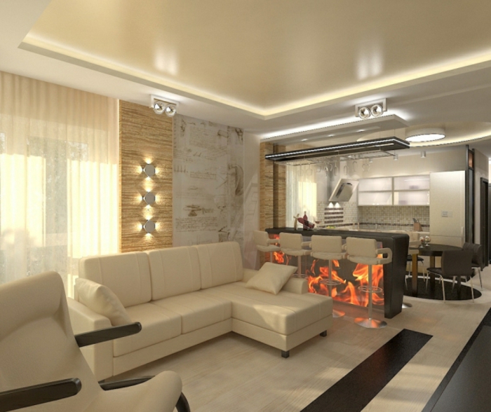 couleur de peinture pour salon et cuisine, bar de cuisine avec des chaises hautes de cuisine, plafond beige, tapis beige, sofa d'angle beige