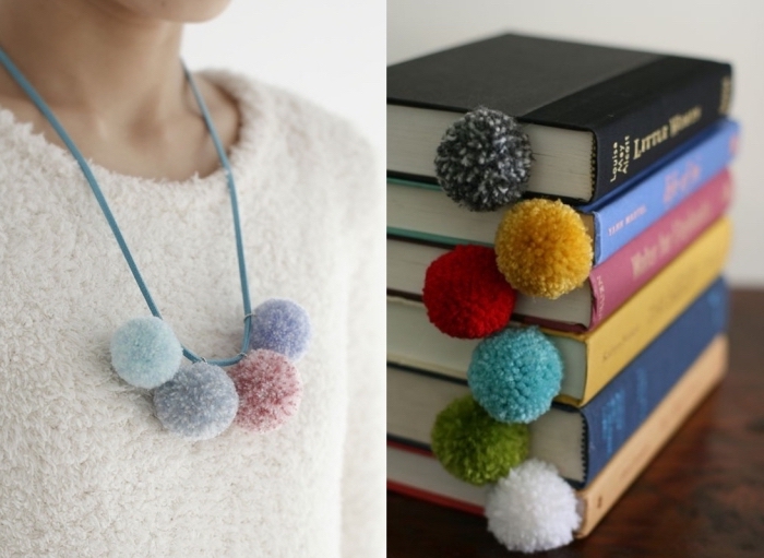 modèles d'objets et accessoires diy fabriqués avec laine, modèle de collier tendance femme avec pompons de couleur pastel