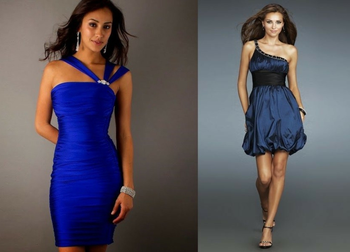 tenue de soirée femme, design de robes bleues, robe moulante bleue satinée et robe ballon