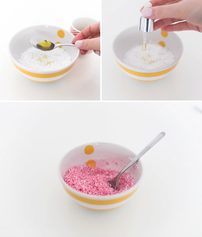 recette pour faire du sel de bain naturel coloré, idee cadeau fete des meres à fabriquer soi-même