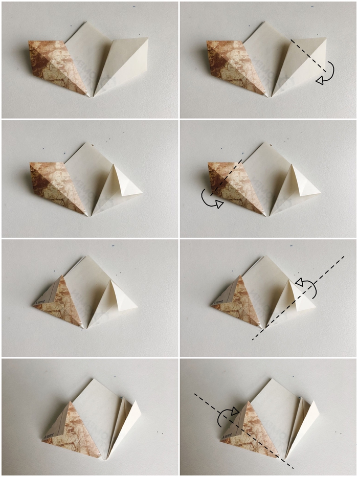 les étapes du pliage d'un modele origami fleur facile réalisé en peu de temps avec lequel on peut faire un joli bouquet de fleurs en papier