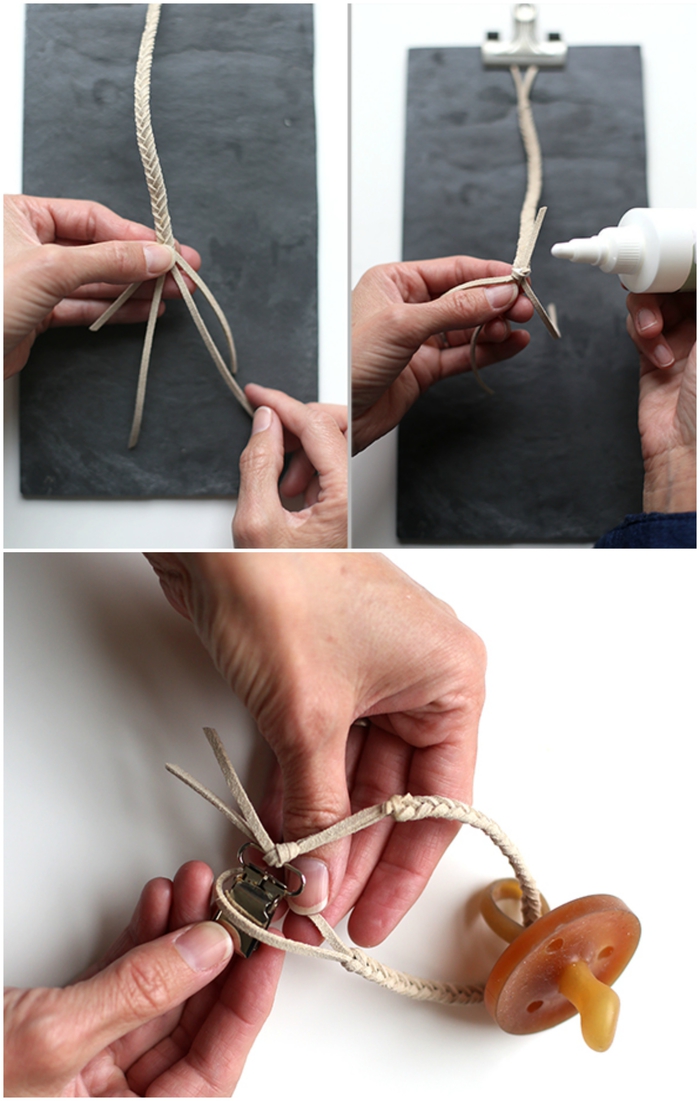 les étapes de réalisation d'une attache tétine personnalisée en suédine tressée avec une pince clip en métal