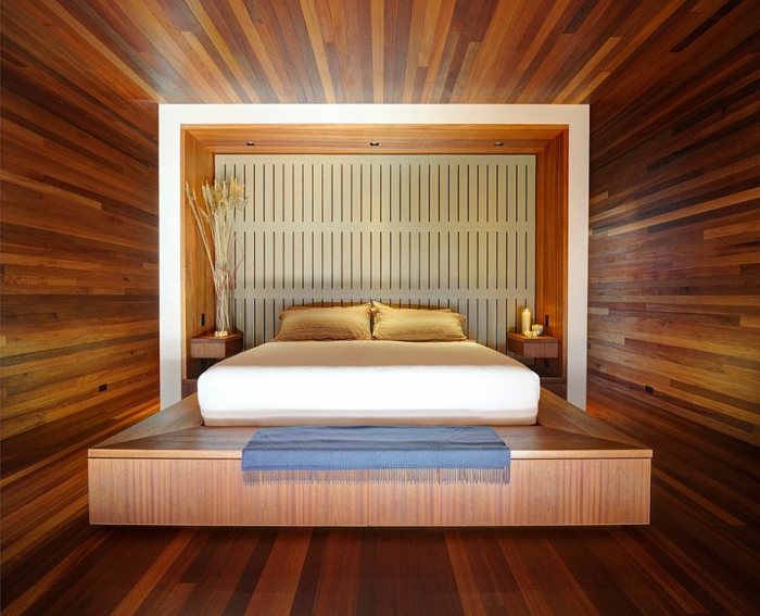 une couleur chambre adulte chaleureuse, lit plateforme, décoration feng shui