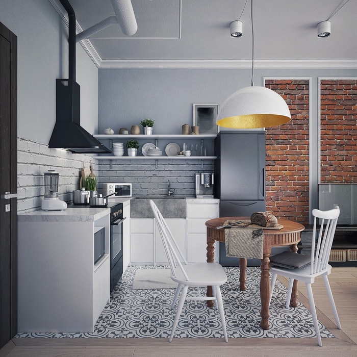 quelle couleur pour une cuisine de style loft industriel, l'aménagement d'une petite cuisine fonctionnelle en gris clair, gris anthracite et blanc délimitée par des carreaux de ciment