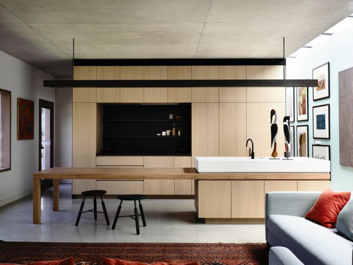cuisine moderne en bois clair, sofa gris, ilot central simple et épuré, plafond en béton, cuisine design industriel