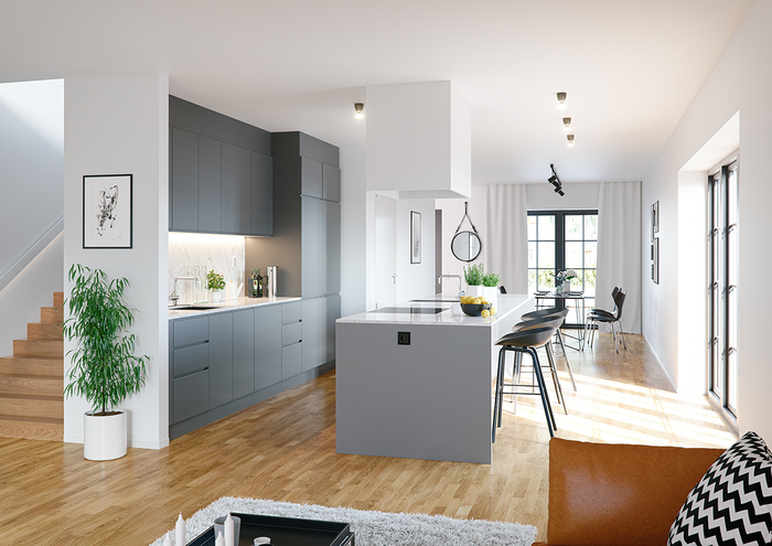 une cuisine moderne grise qui adopte deux nuances du gris sur les meubles du cuisine et sur l'îlot central
