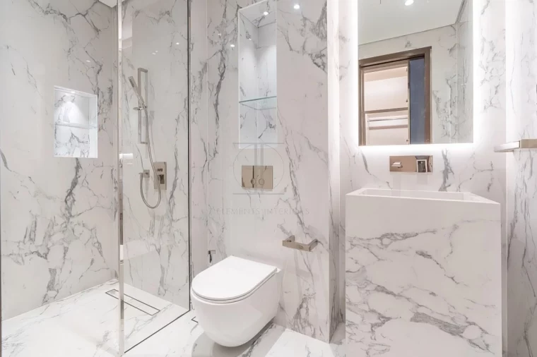 dalles grand format marbre cuvette wc suspendu accessoires inox paroi verre
