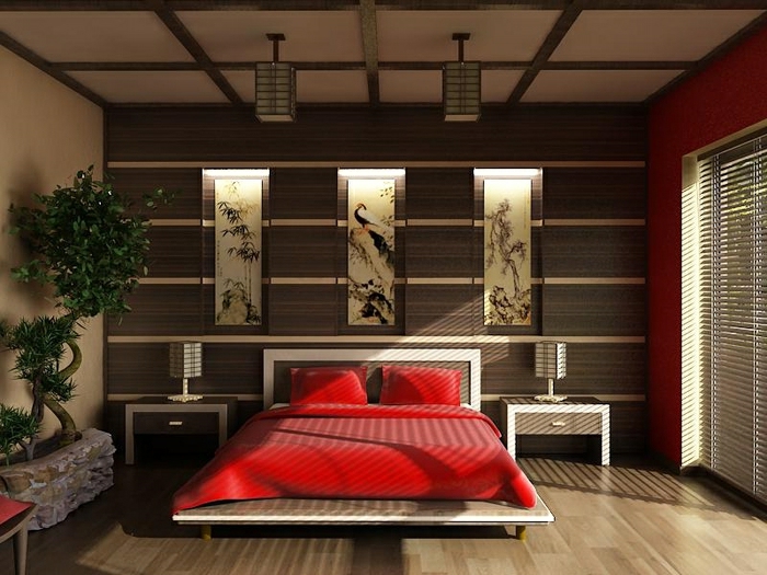 design et déco chambre parentale, lit rouge, déco murale style japonais, bonzai en pot de fleurs