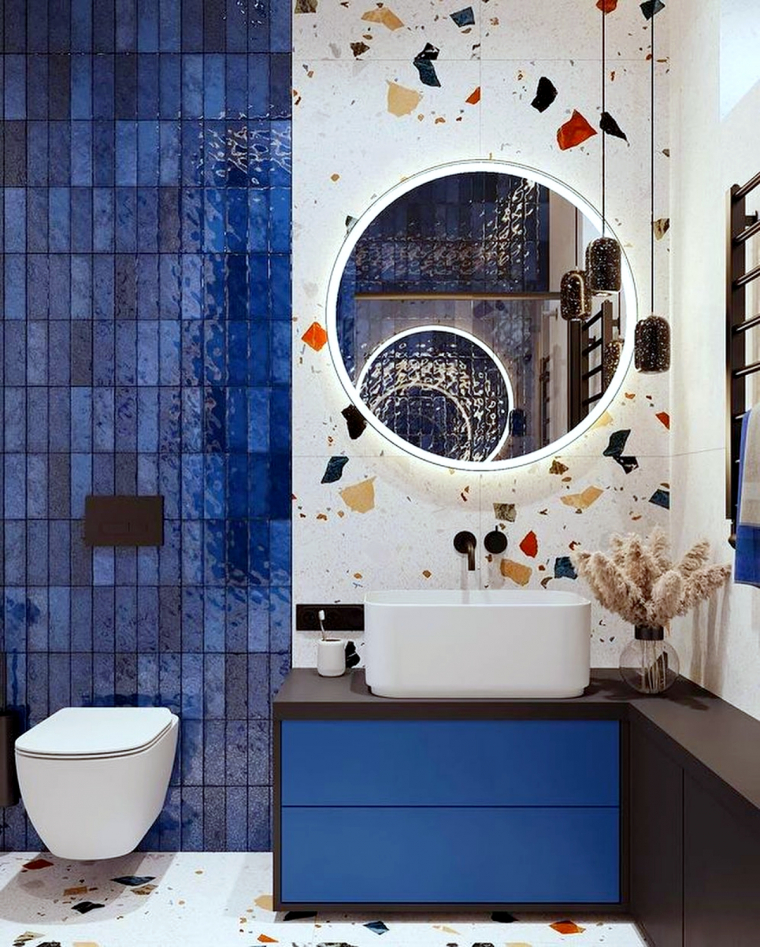 deco de toilettes originales couleur bleu miroir rond