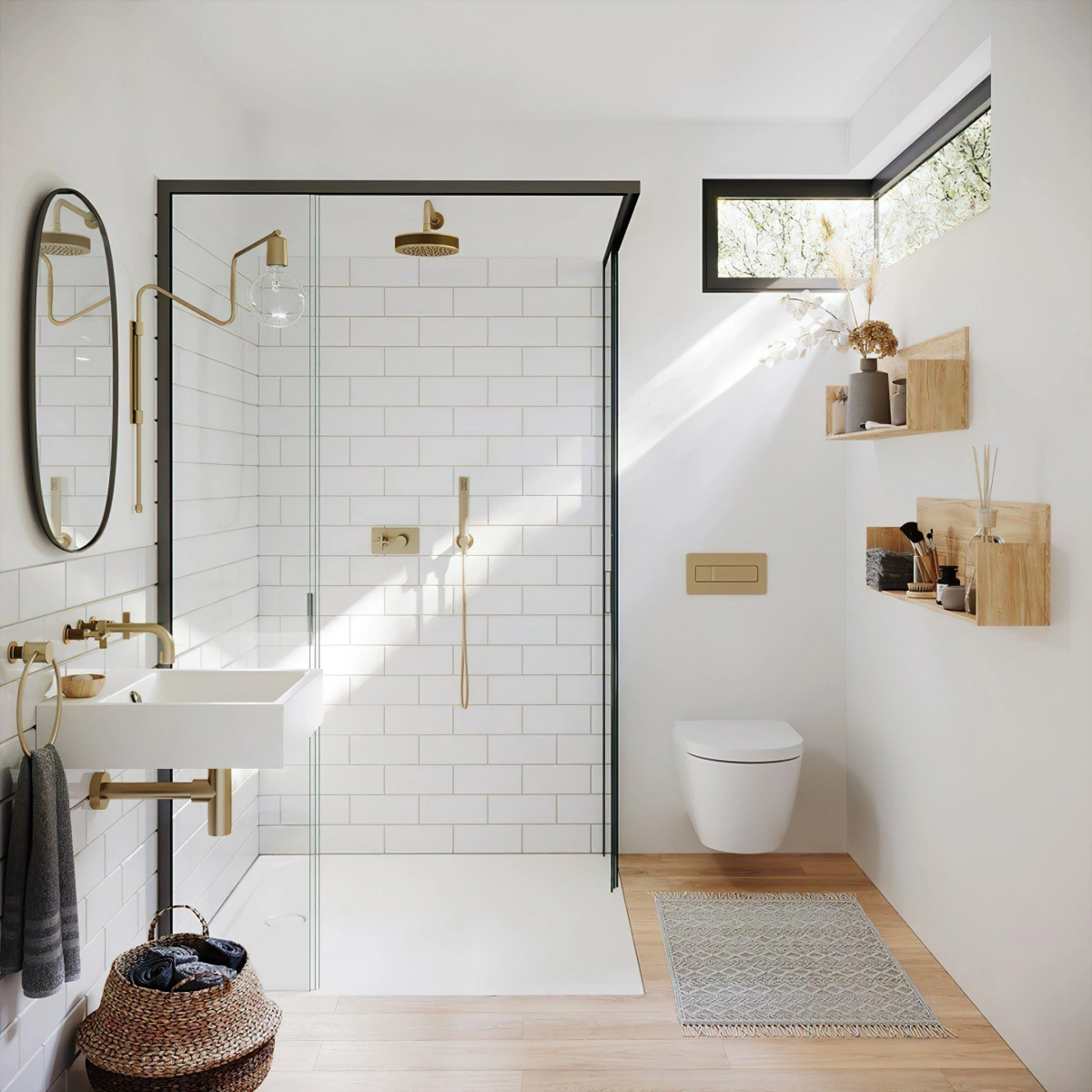 deco salle de bain petite aux murs blancs avec carrelage sol imitation bois