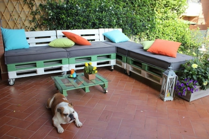 coussin salon de jardin palette gris sur un canapé d angle à roulettes en vert et blanc, table basse palette avec plateau en verre, chien mignon, mur végétalisé