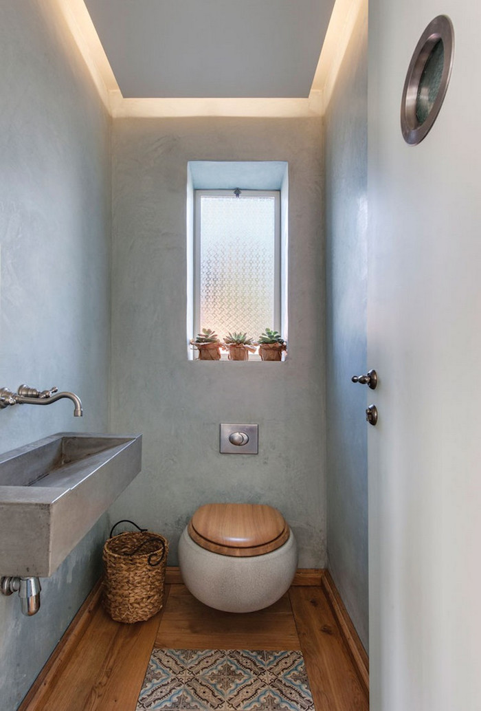 décoration toilettes avec murs gris wc suspendu rond et lavabo en métal style industriel original