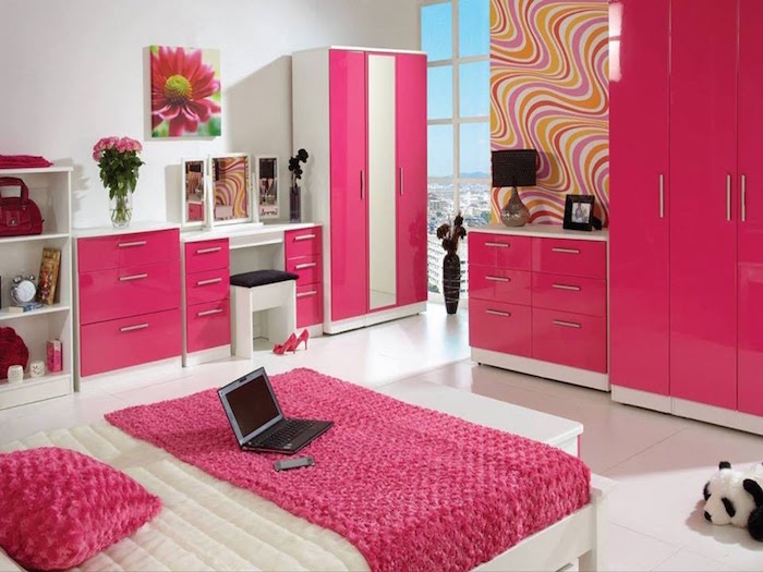 modele chambre de fille complète équipée avec mobilier rose fuchsia