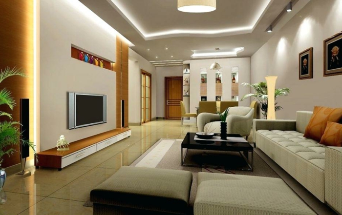 sofa blanc, decoratin salon peinture élégante, table basse noire, plafond suspendu, tv murale suspendue