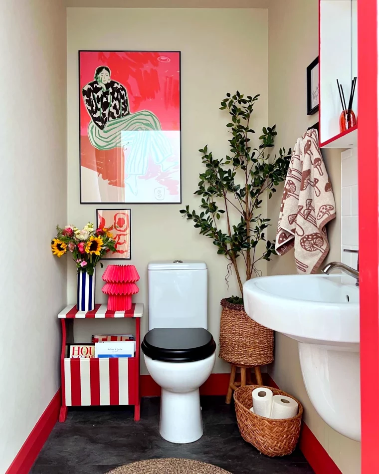 deocration originale pour des petite toilettes couleurs rouge noir et blanc tableau