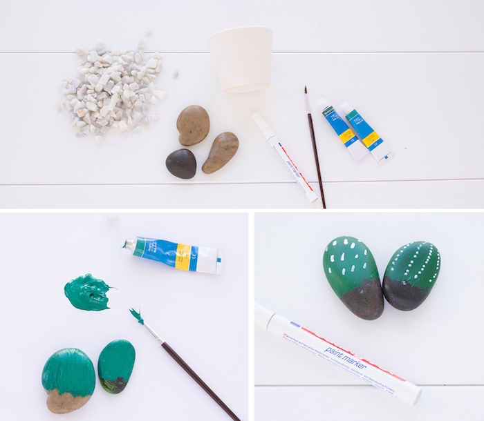 idée pour réaliser des galets décorés de peinture verte et blanche pour imiter des cactus, pot de fleur blanc avec des pierres décoratives