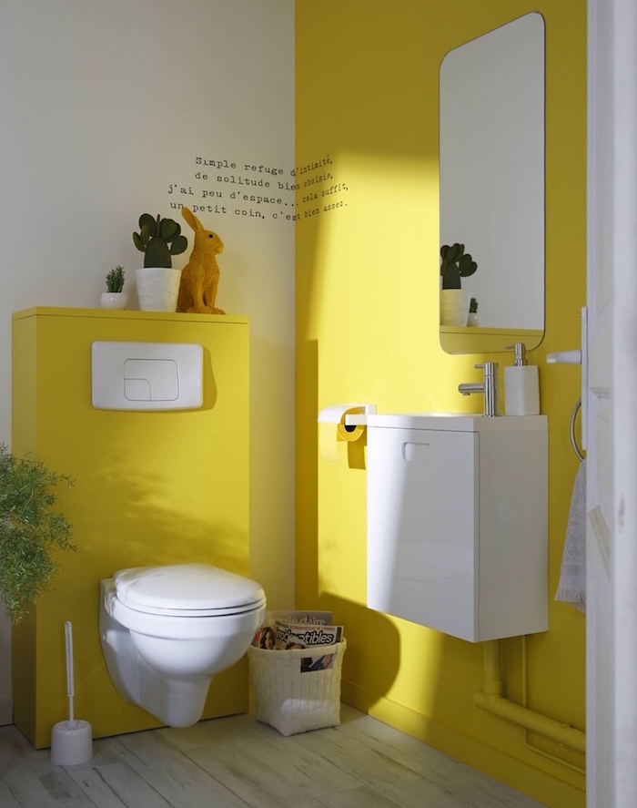 idee décorer ses toilettes de façon originale couleur jaune et blanc 