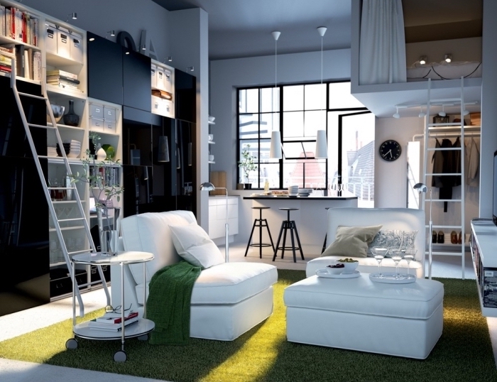 meubles multifonctions à design escamotable et moderne, optimisation espace dans studio étudiant avec coin cuisine et salon