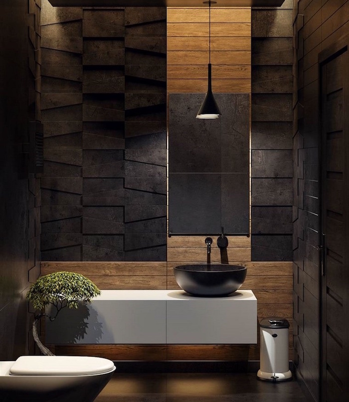 déco toilettes originales zen en bois et ardoise couleur marron noir design
