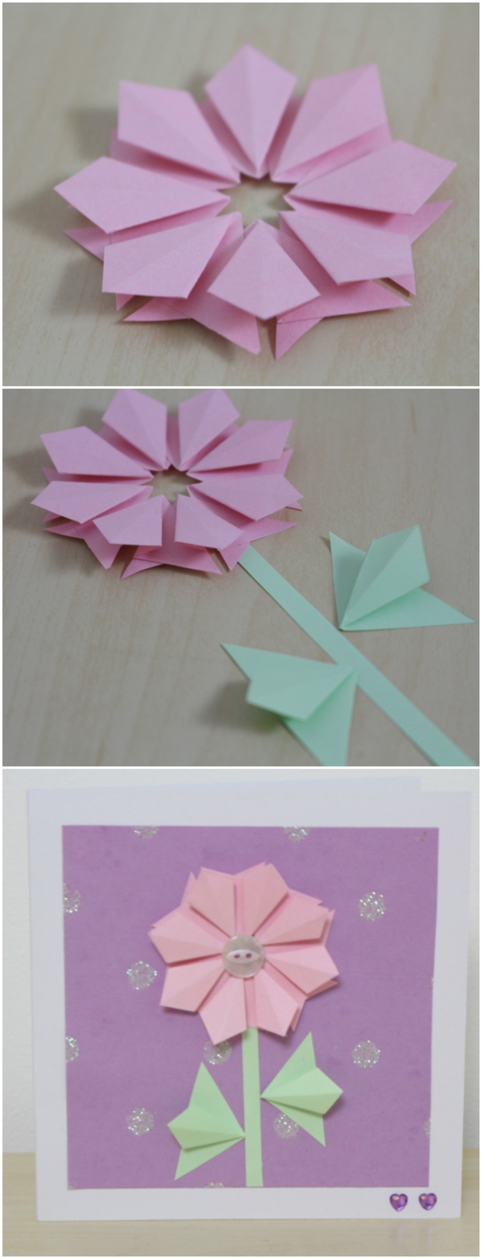 une carte de voeux personnalisée avec une fleur en origami, idée pour une carte de voeux personnalisée pour la fête des mères