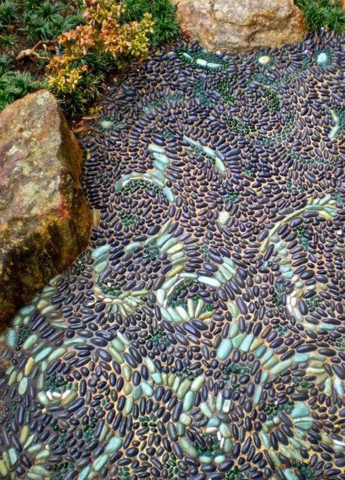 le sol dans un jardin paysager, des petits cailloux peints en bleu indigo et en vert menthe, en formes de spirales concentriques, décorer son jardin 