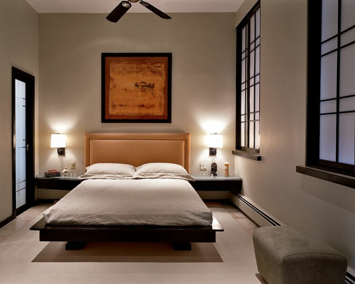 feng shui chambre, lit plateforme, lampe ventilateur, fenêtres style japonais, lampes de chevet