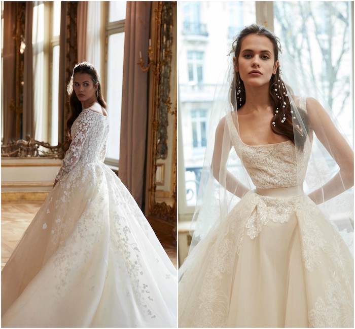 collection de printemps 2019 d elie saab, robe de mariée avec dentelle et jupe coupe princesse avec des éléments floraux
