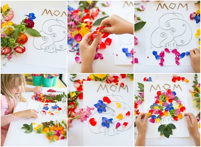 idée de carte fête des mères maternelle, un dessin silhouette femme avec des cheveux en pétales de fleurs naturelles, 