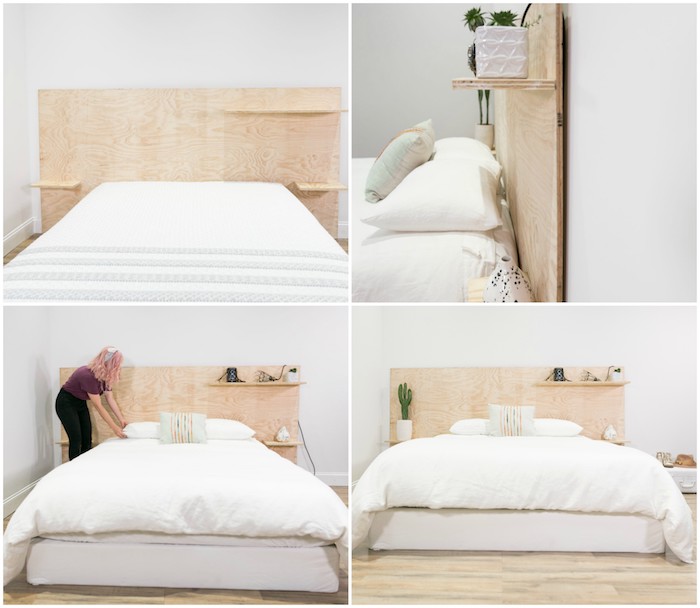 comment fabriquer une tete de lit en bois contreplaqué avec des étagères bois, linge de lit blanc, parquet clair, deco tete de lit accessoires et affaires personnelles