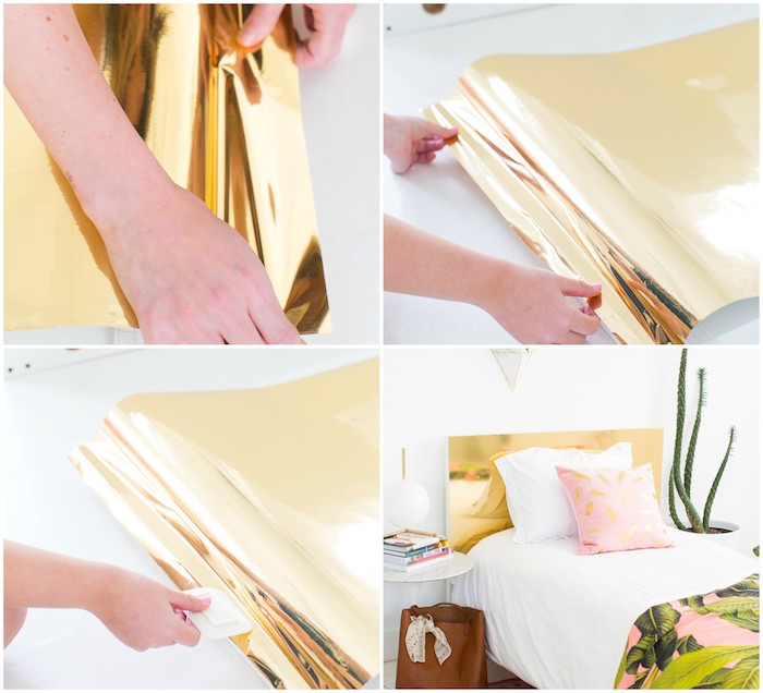 exemple deco tete de lit décorée d un adhésif décoratif or, linge de lit blanc et rose, couverture de lit motif exotique