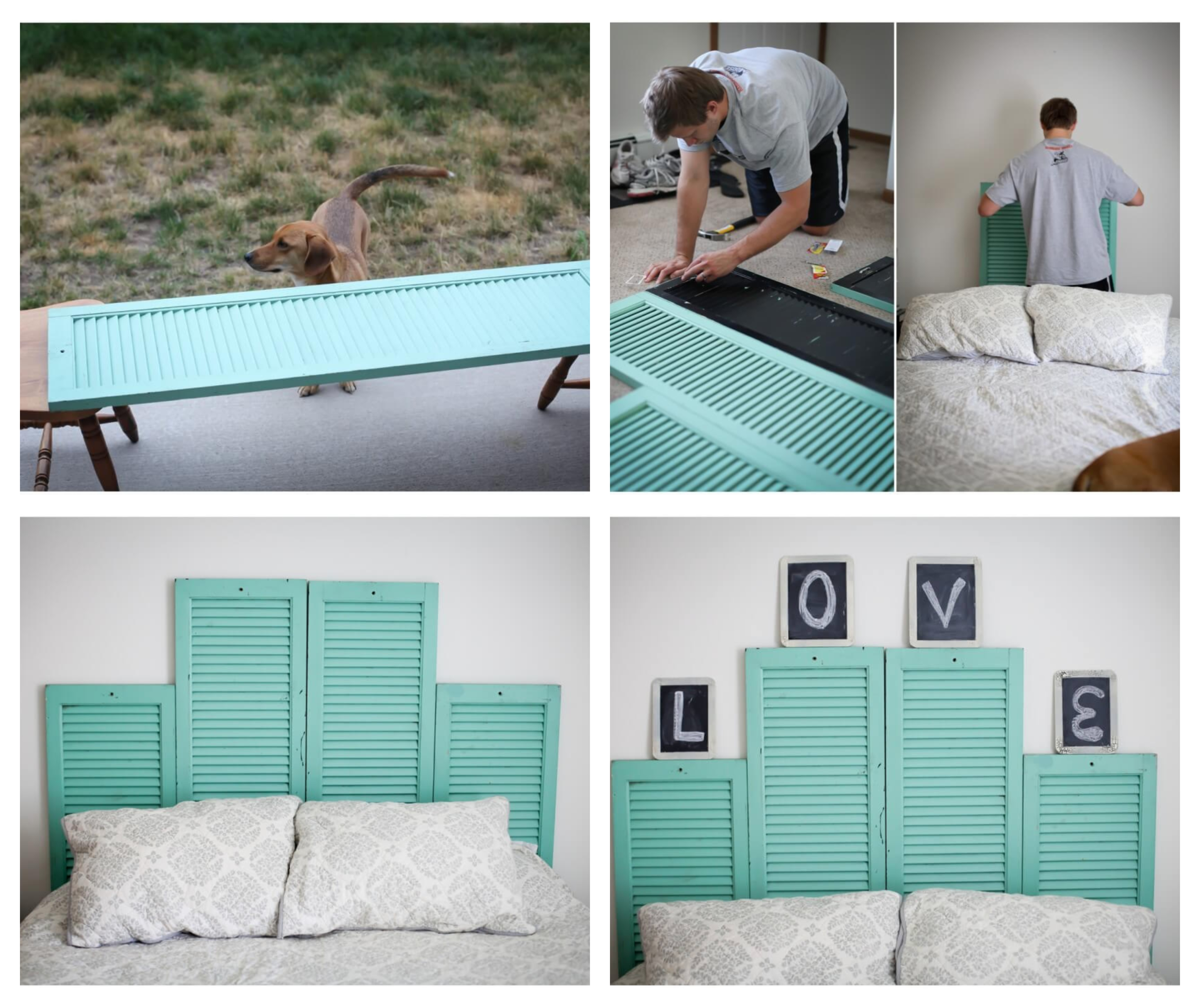 fabriquer une tete de lit en volets de bois repeints de peinture bleue derrière un lit avec linge de lit gris et blanc