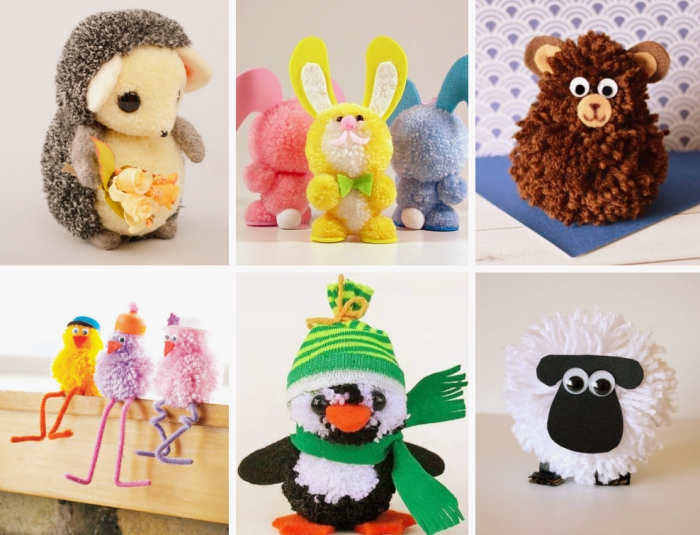 modèles de doudou enfant à design animal, activité manuelle maternelle à créer avec pelotes de laine et feutre