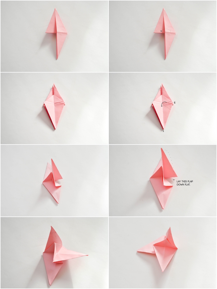 suivez le pas à pas pour réaliser une fleur en origami en forme de jolie rose aux plis harmonieux, idée déco en origami avec une guirlande fleurie en roses origami