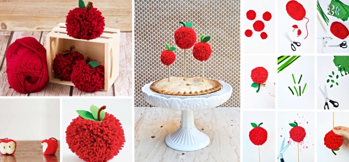 modèles de petites créations à design fruit avec brins de laine, décoration de gâteaux avec pommes rouges en laine