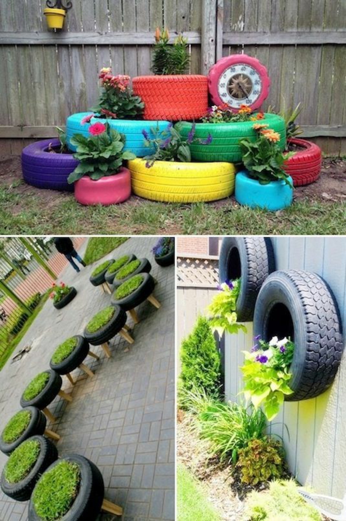 des pneus de voiture utilisés comme des pots de plantes, décorer son jardin avec de la récup, amenagement exterieur, objets réutilisés
