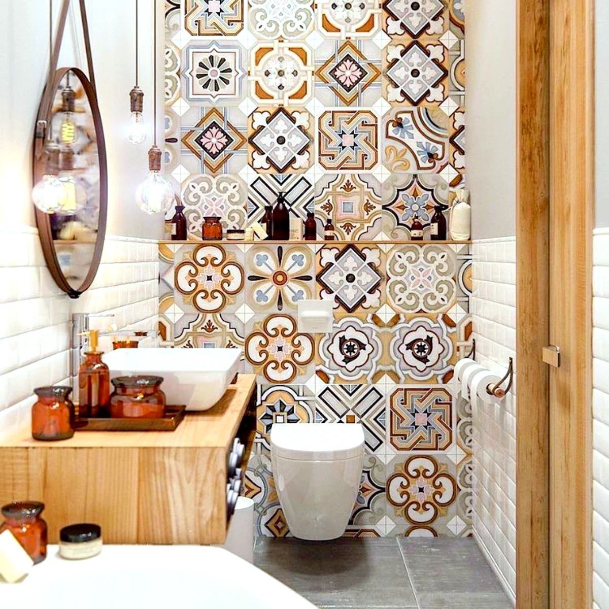 idee de deco toilettes originales avec du carrelage et de bois