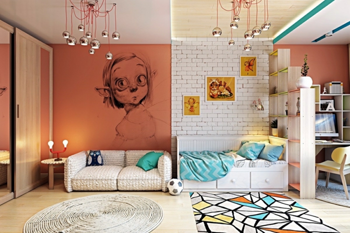 idée pour la déco des murs dans une chambre d'enfant, mur en briques blanches, mur en orange avec personnage de BD, habiller un mur en style arty avec deux tapis différents en style différent dans les deux parties de la chambre
