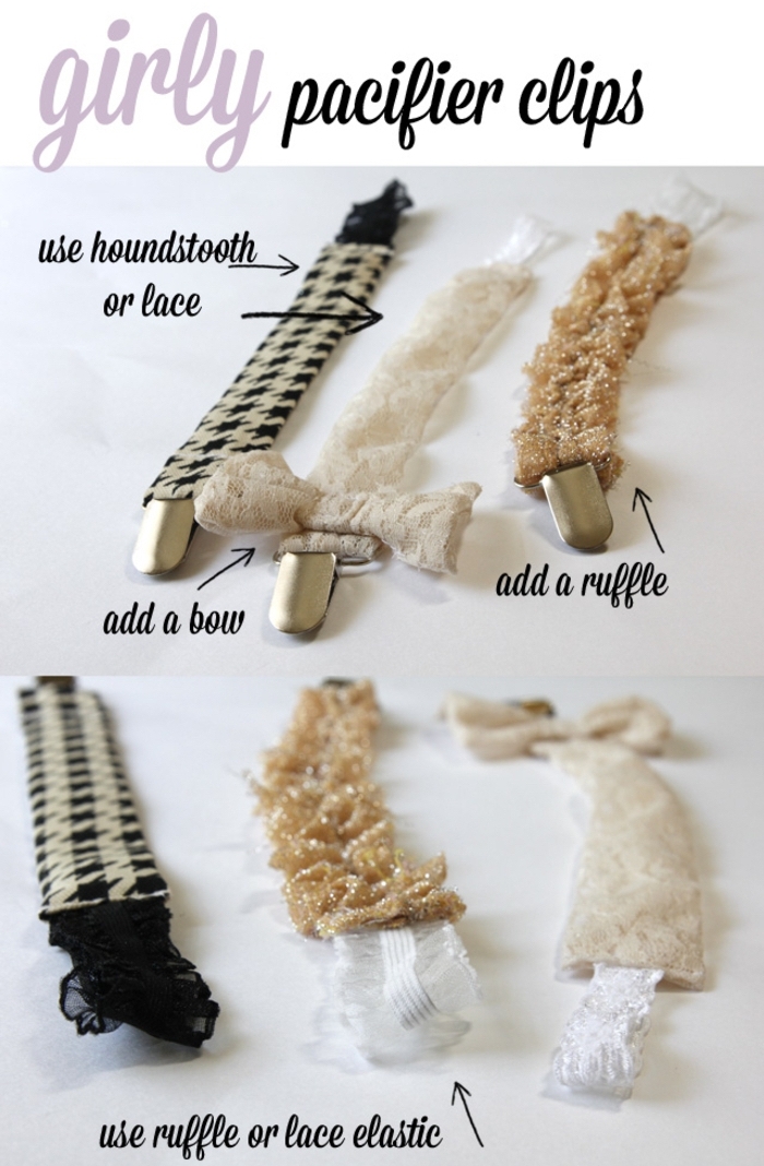 modèles d'attache tétine tissu à motifs variés très facile à personnalisée avec des noeuds et des rubans à volants 
